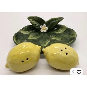 Blue Sky Clayworks Lemons "Lemon Juice" Salt‎ and Pepper Shaker Set w. Tray Gift